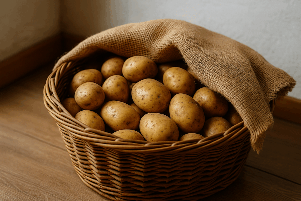 Kartoffeln in einem Weidenkorb, locker mit Jutesack abgedeckt