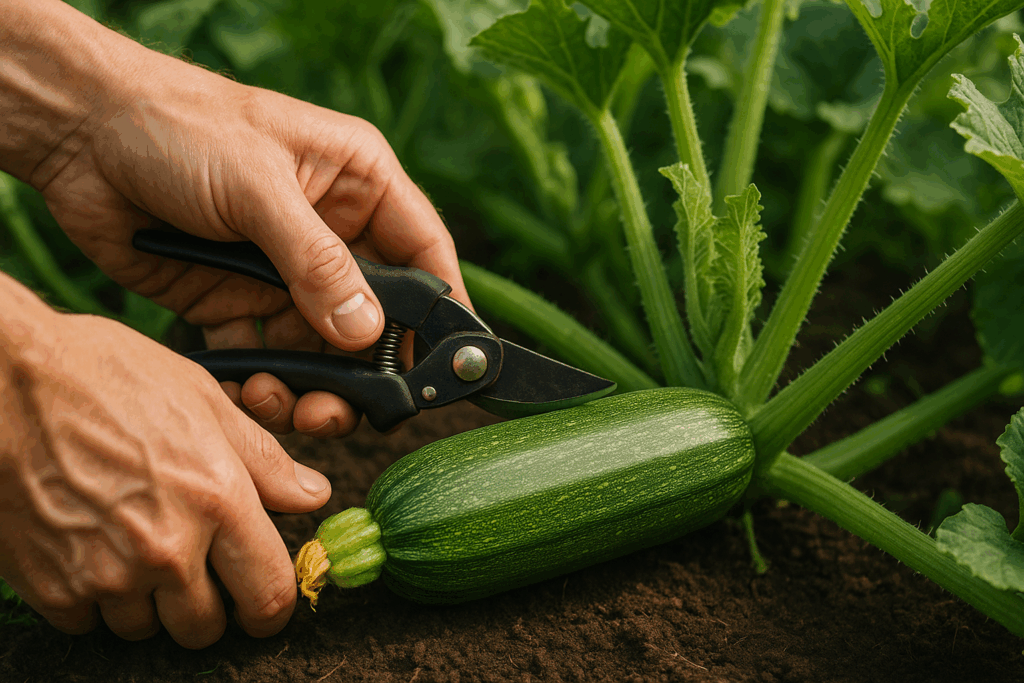 Zucchini wird vorsichtig mit einer Gartenschere geerntet