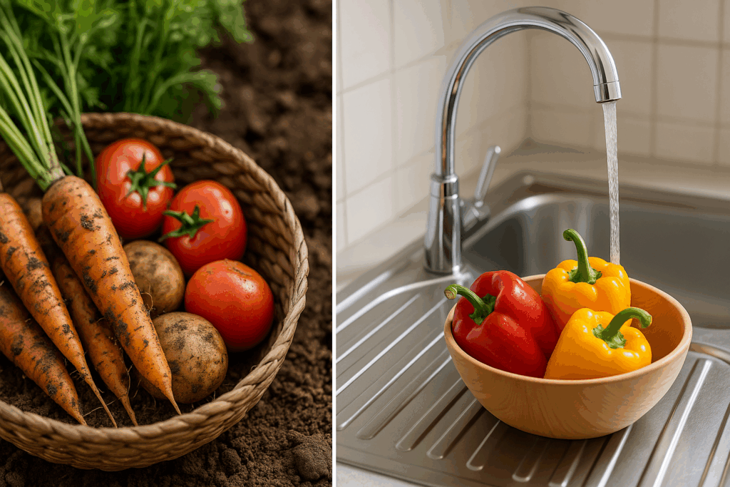 Korb mit frisch geernteten Gemüse vs Supermarktgemüse
