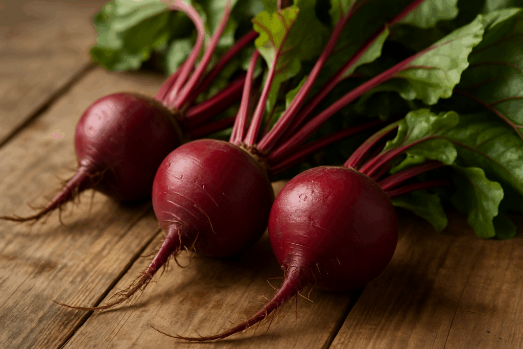 Frisch geerntete Rote Beete mit Wurzeln und Blättern