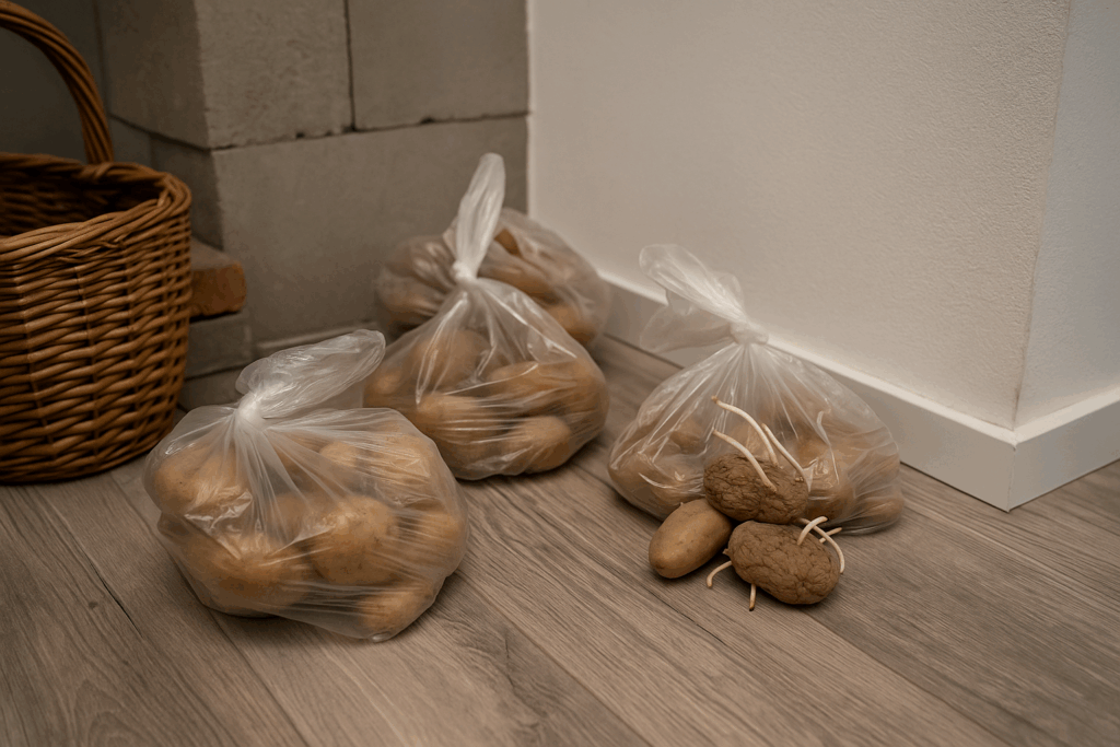 Kartoffeln in Plastikbehältern keimen in einem modernen Keller