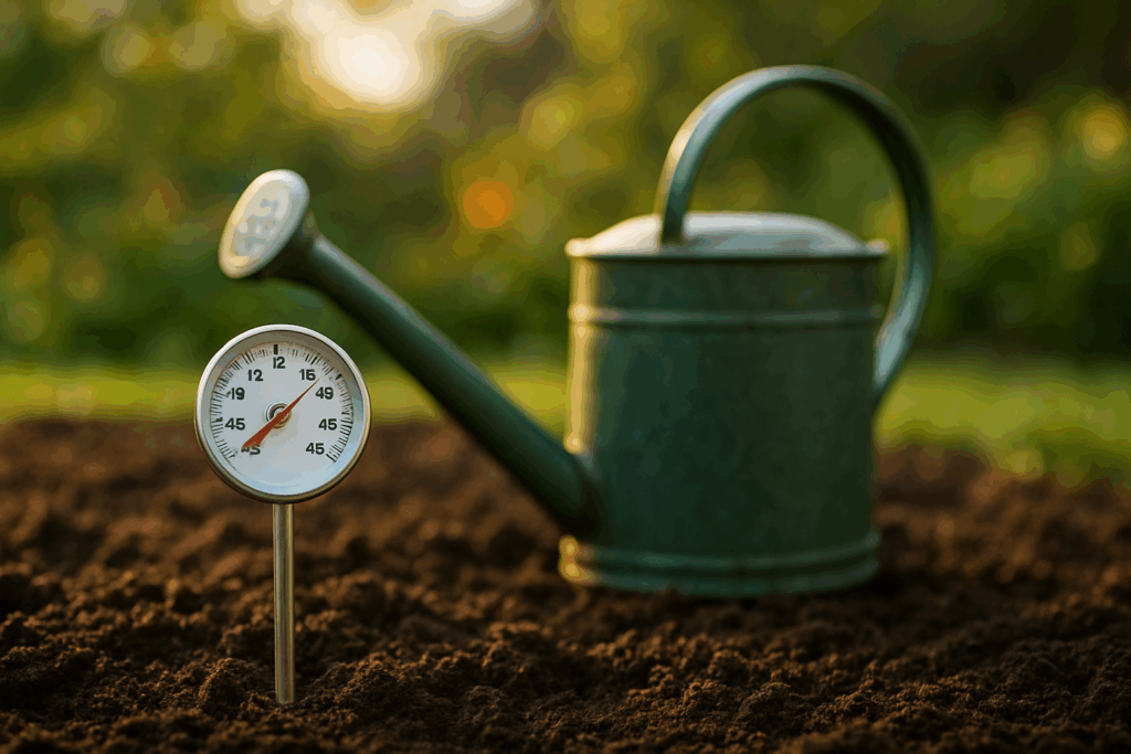 Thermometer in warmer Gartenerde neben Gießkanne