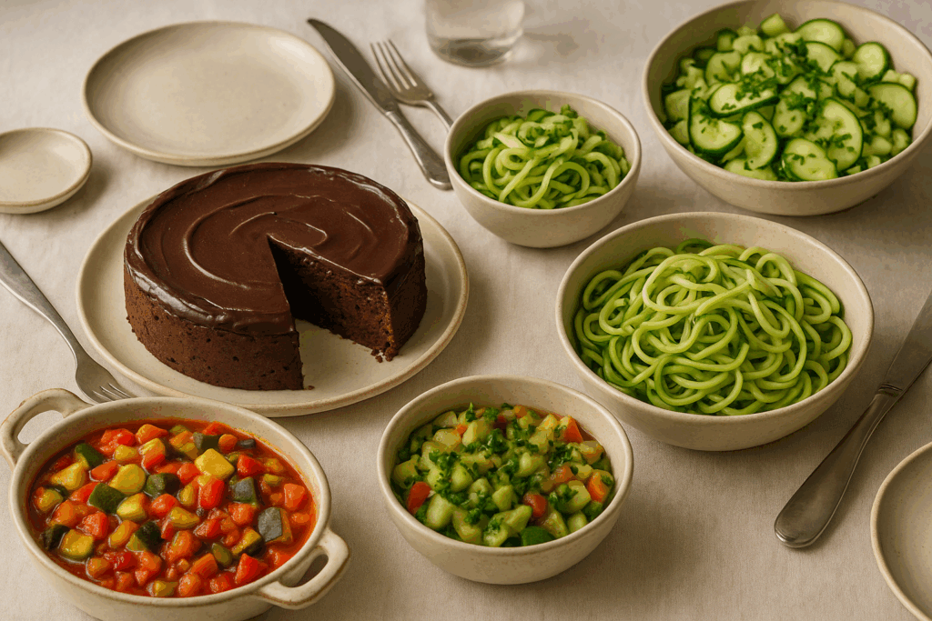 Zucchini‑Gerichte: Ratatouille, Zucchini‑Nudeln, Salat und ein saftiger Schokokuchen
