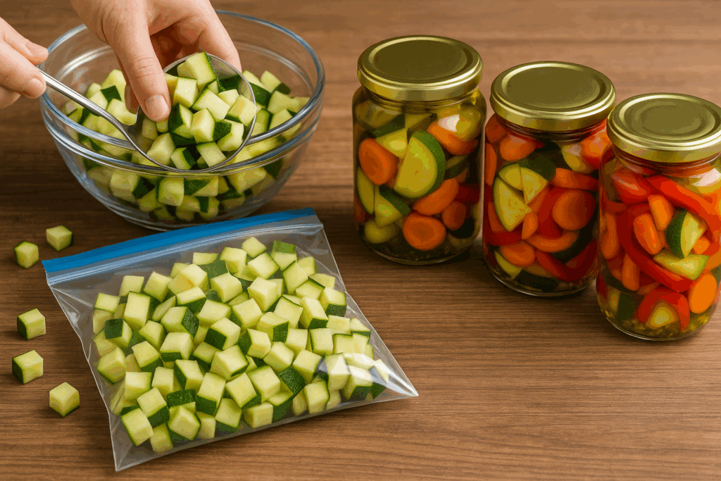 Vorbereitung fürs Einfrieren und Einlegen von Zucchini