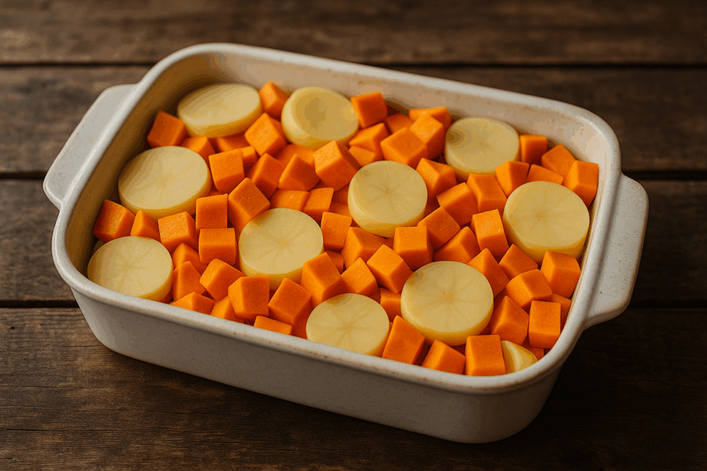 Schicht aus Kürbis- und Kartoffelscheiben in einer Auflaufform vor dem Backen.