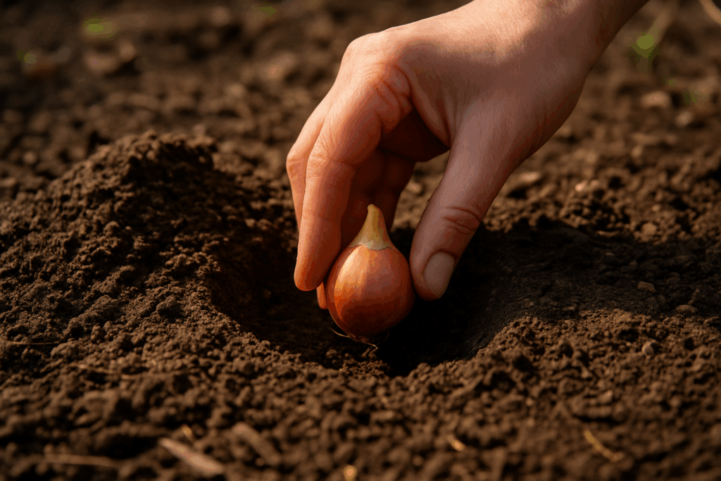 Eine Blumenzwiebel wird in ein Pflanzloch gesetzt