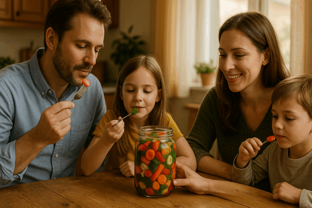 Familie isst Eingemachtes gemeinsam am Tisch