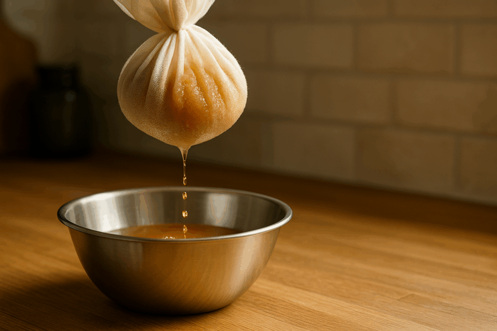 Apfelsaft tritt nachdem filtern durch ein Vliestuch aus