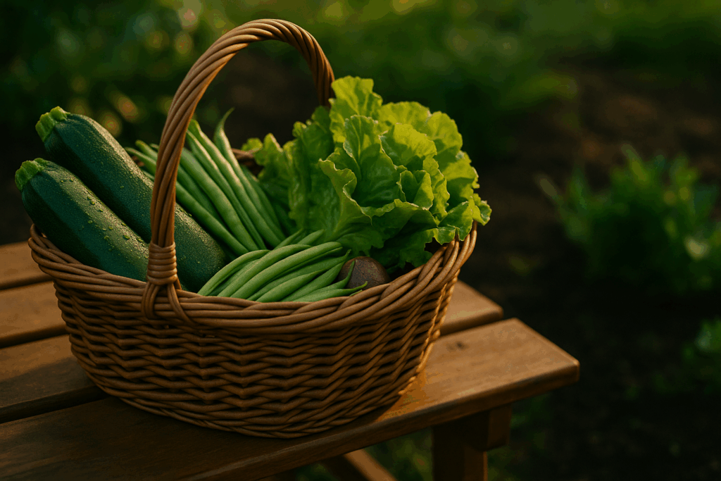 Korb mit Zucchini, Bohnen und Pflücksalat auf Gartenbank, warmes Licht