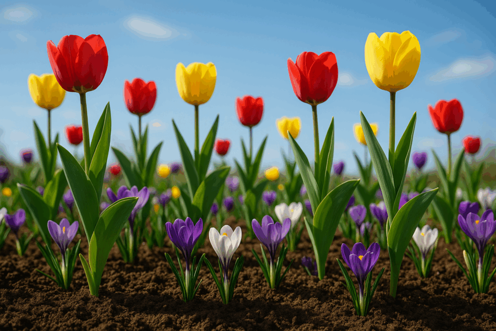 Ein Frühlingsbeet voller Tulpen und Krokusse