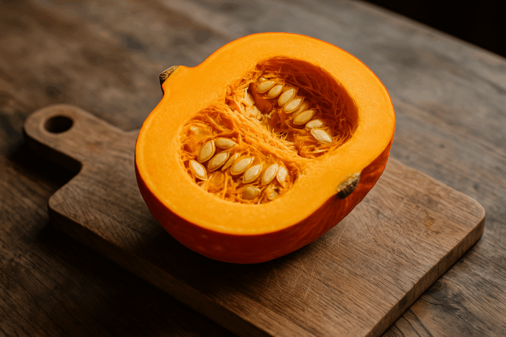 Geöffneter Hokkaido-Kürbis mit sichtbaren Kernen und orangefarbener Schale.