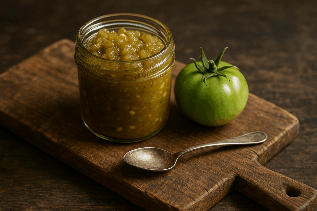 eingekochte Tomaten als Chutney auf einem Holzbrett