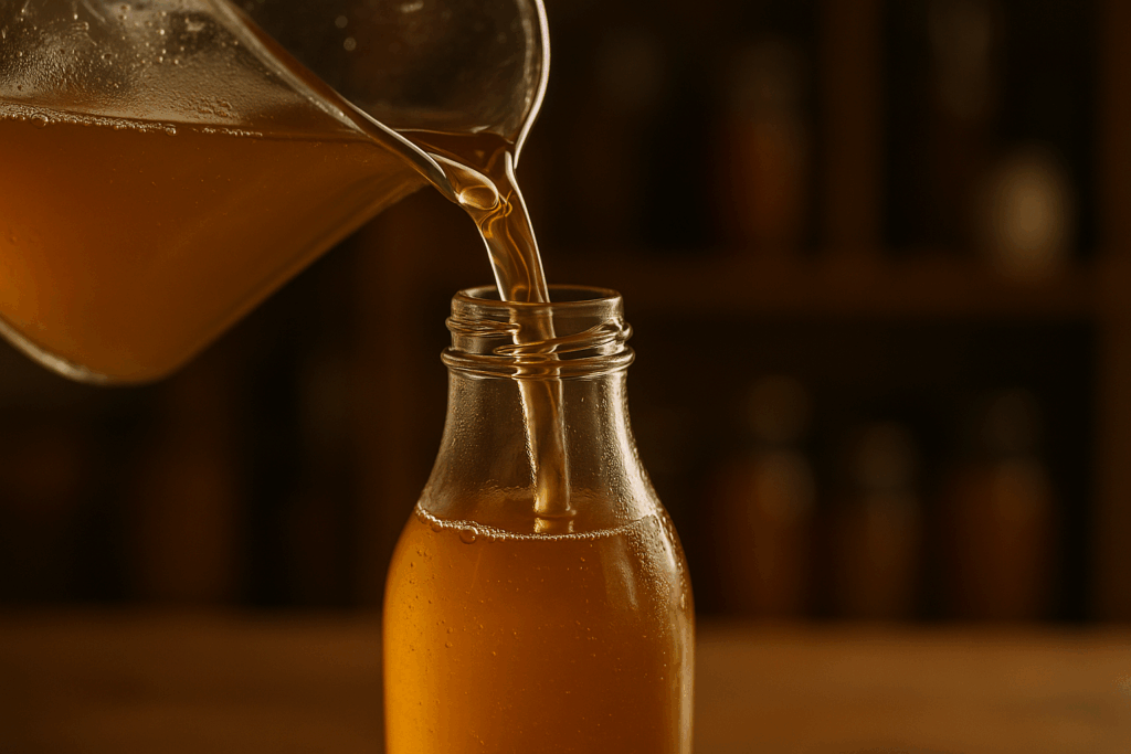 frisch aufgekochter Apfelsaft wird in eine Flasche gefüllt