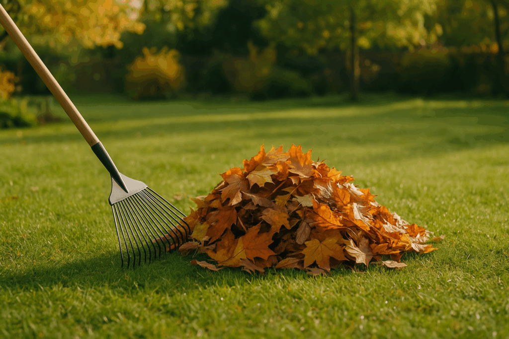 Herbstlaub mit Rechen auf Rasen zu Haufen zusammengekehrt