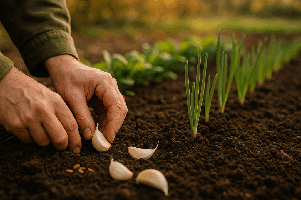 Knoblauch und andere Herbsgemüse werden gepflanzt