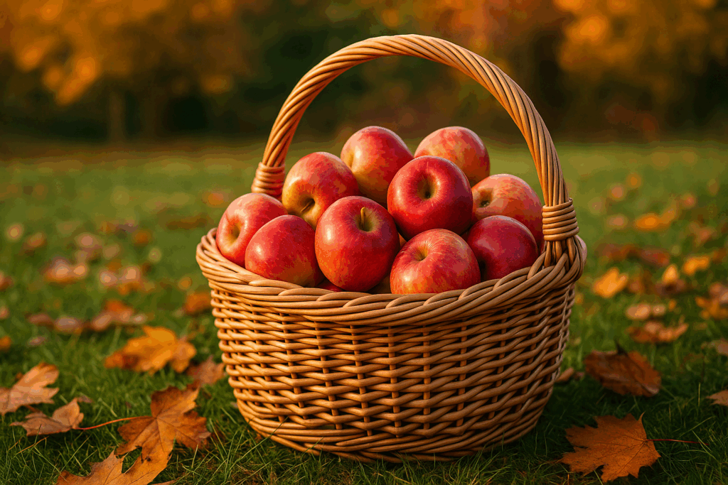 Frisch geerntete Äpfel im Herbstkorb