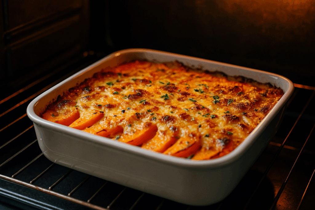 Goldbrauner Hokkaido Kürbisauflauf im Backofen.