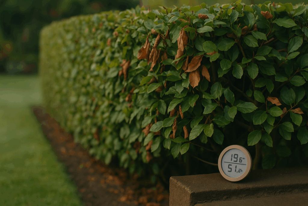 Hecke im trockenen Herbstfenster mit klarer Schnittkante und ruhigem Hintergrund