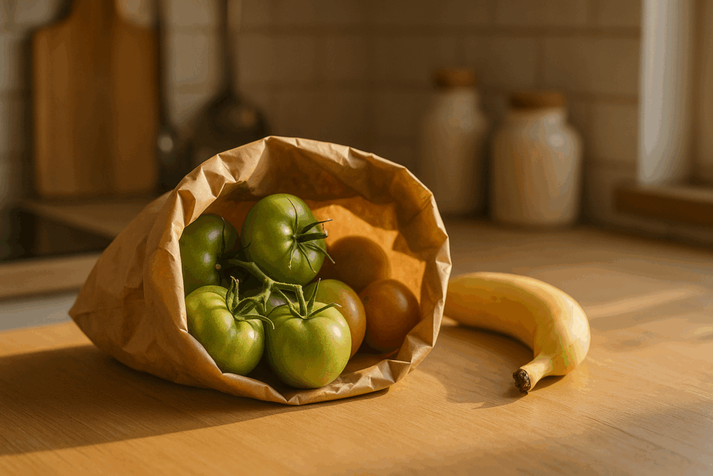 grüne Tomaten in einer Papiertüte, daneben eine Banane