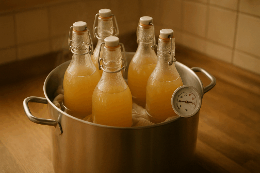Flaschen werden pasteurisiert im Wasserbad