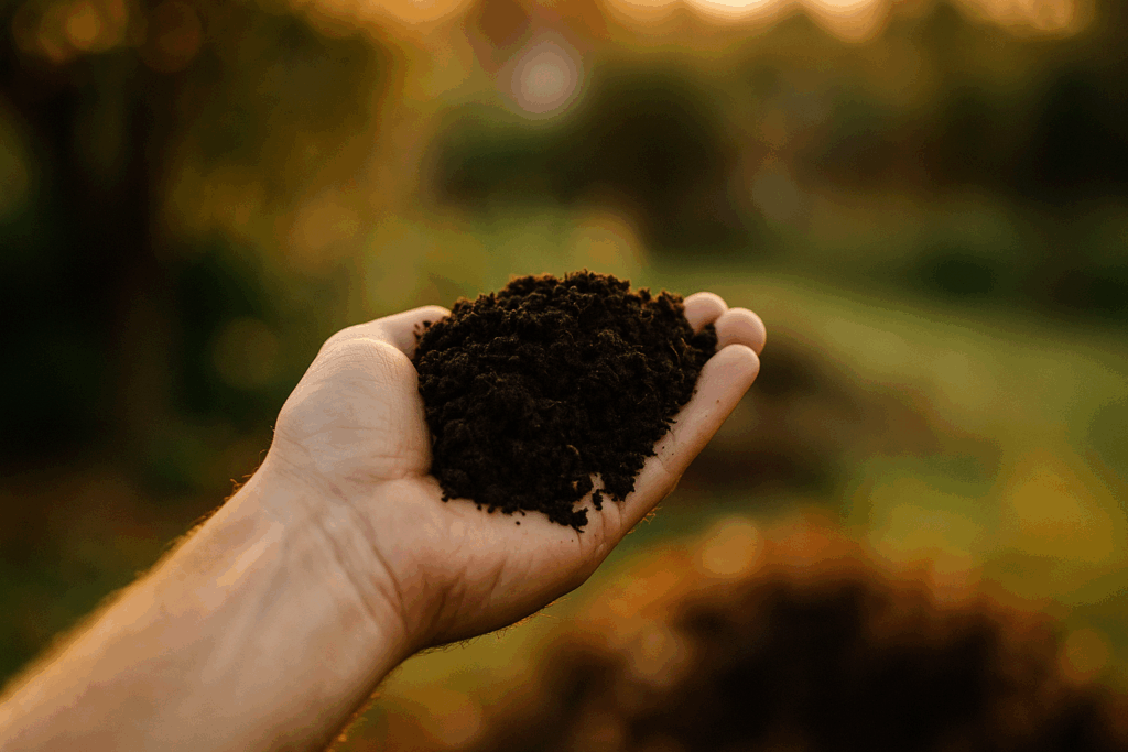 Hand mit reifer krümeliger Komposterde vor Gartenhintergrund