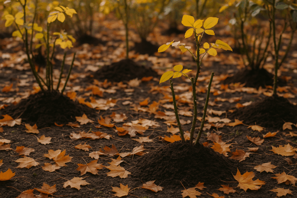 Ein Rosenbeet im Herbst mit Laub und leicht angehäufelt