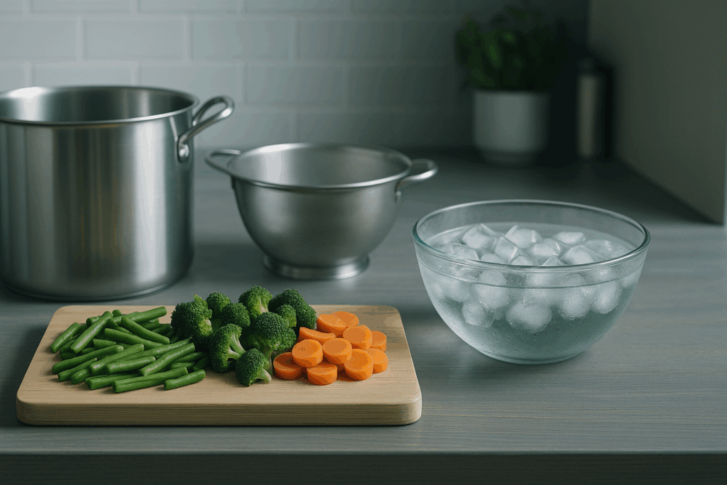 Mise-en-place mit Topf, Sieb, geschnittenem Gemüse und Schüssel mit Eiswasser auf einer aufgeräumten Arbeitsfläche.
