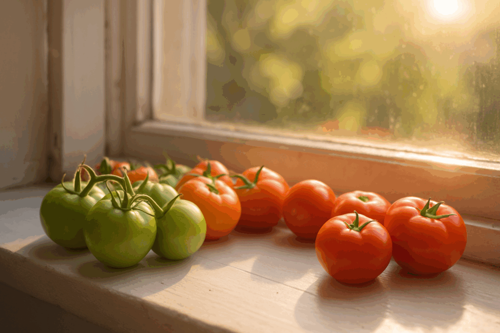 einzelne Tomaten auf einem Fensterbrett