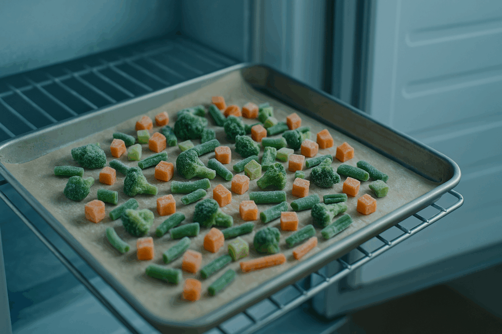 Gemüse einlagig auf Backblech zum Vorfrosten, Gefrierschrank im Hintergrund.