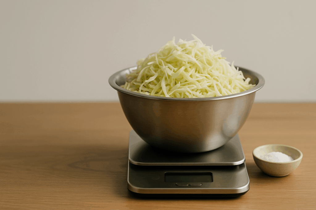 Weißkraut wird auf einer Wage abgewogen, daneben eine Schale Salz