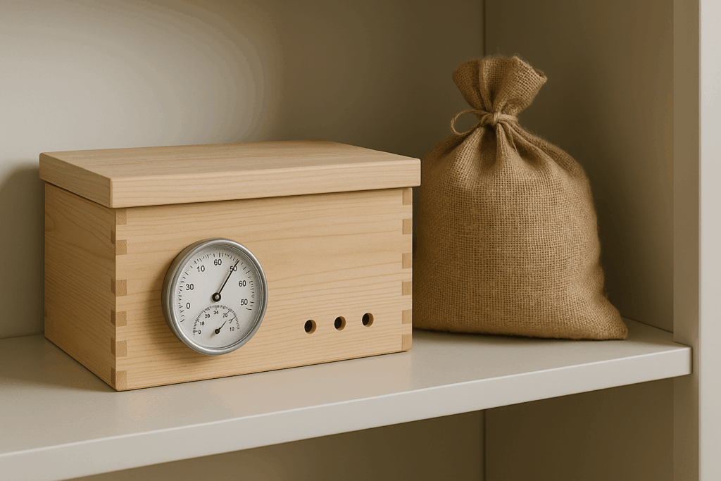 Dunkelbox mit Jutesack in kühler Speisekammer, Messgerät liegt bei.