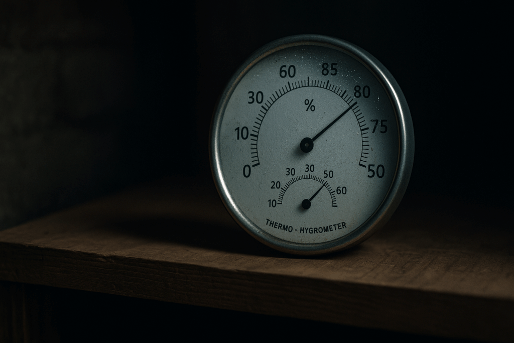 Thermo-Hygrometer im Keller zeigt 7 °C und 85 % r. F.