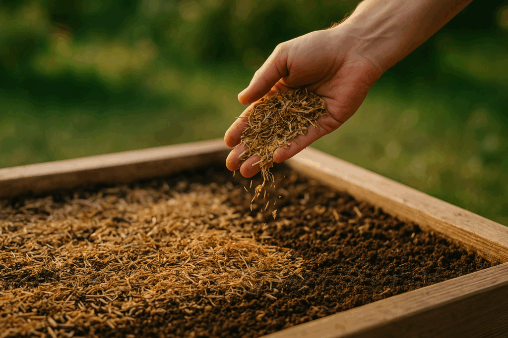 Ein Hochbeet wird mit Mulch befüllt