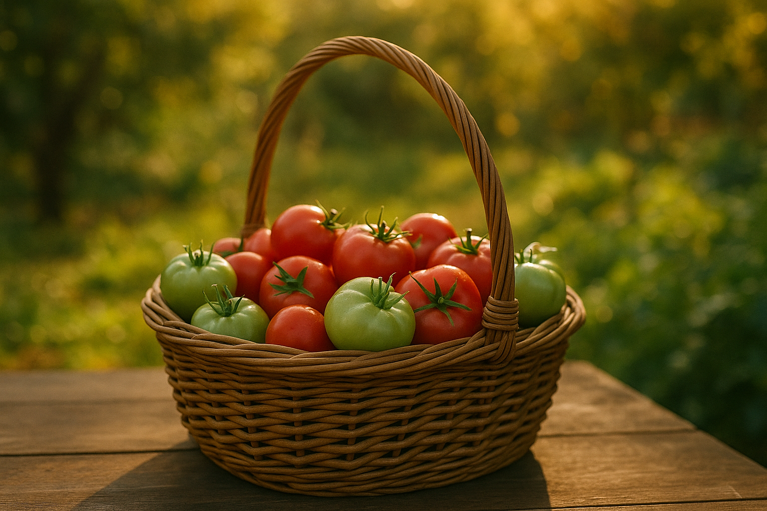 rote und grüne Tomaten in einem Weidenkorb auf einem Tisch im Garten