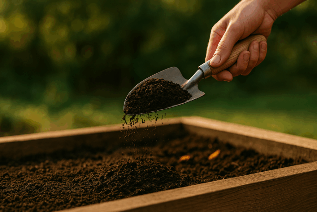 Eine kleine Schaufel hebt Sand und Erde