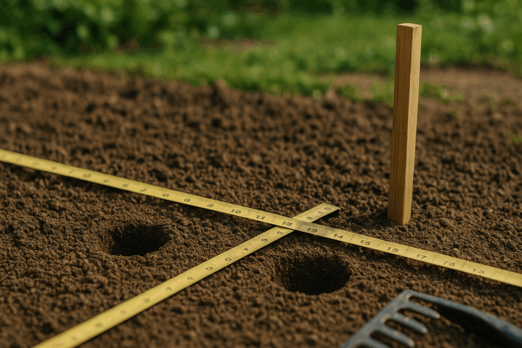 Maßband im Beet zeigt 15×25 cm und Pflanzlöcher für Knoblauch