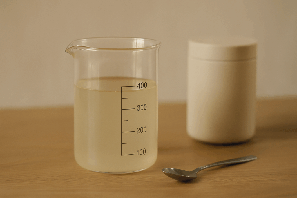 Messbecher mit BTI-Gießlösung auf Arbeitsfläche, Zubehör dezent im Hintergrund