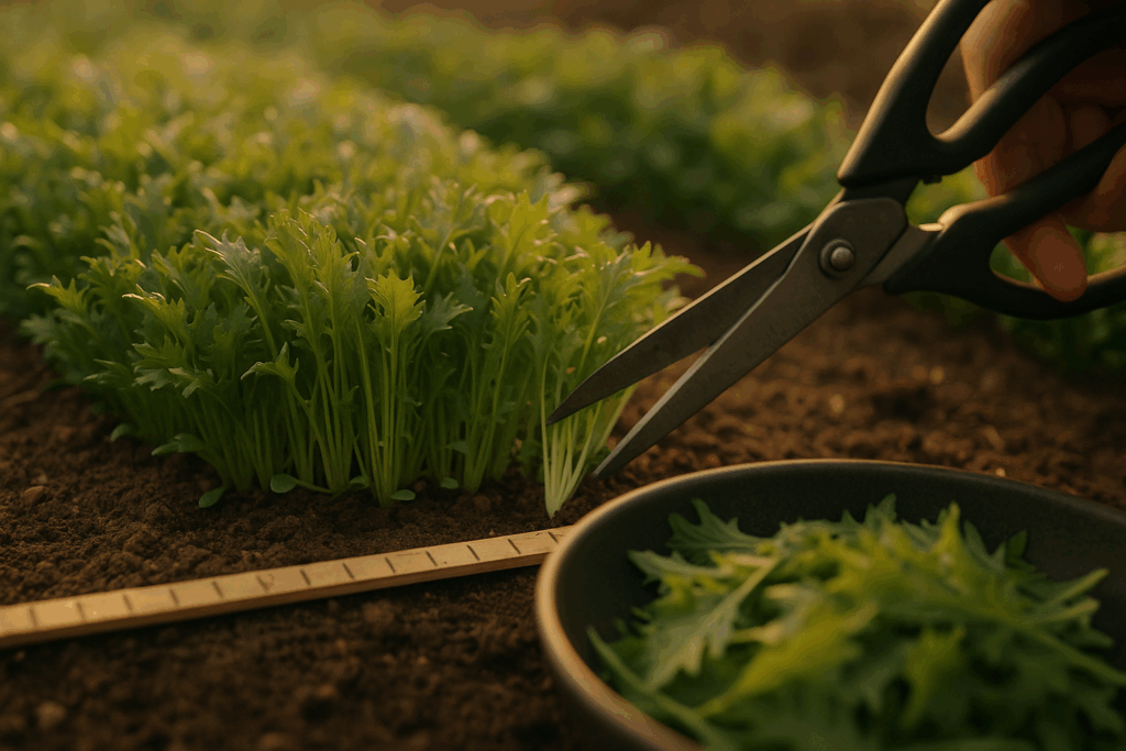 Baby-Leaf aus dichtem Asia-Teppich wird mit Schere geerntet