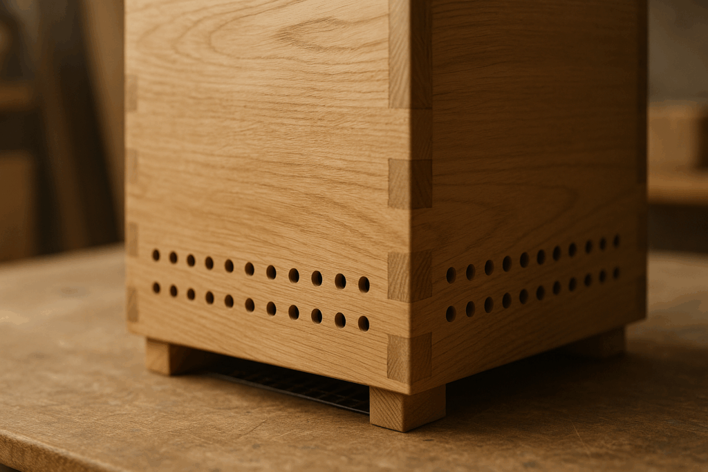 Zwei Reihen Luftlöcher unten an der Box, innen ein Rost sichtbar
