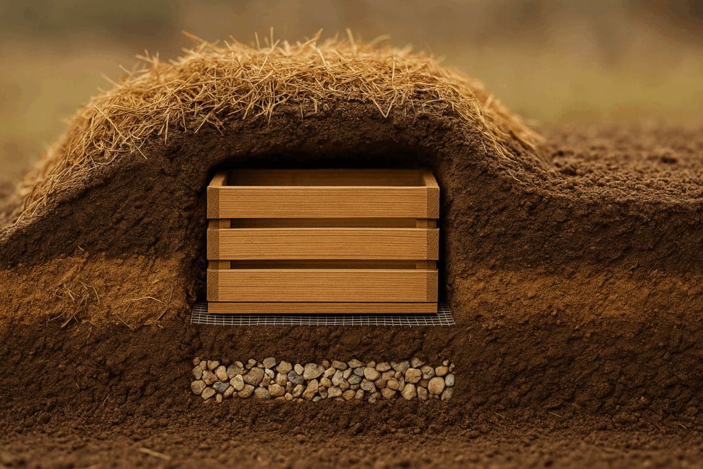Querschnitt mit Kies/Sand-Drainage, Drahtgitter, Kiste und Dämmung aus Stroh/Laub