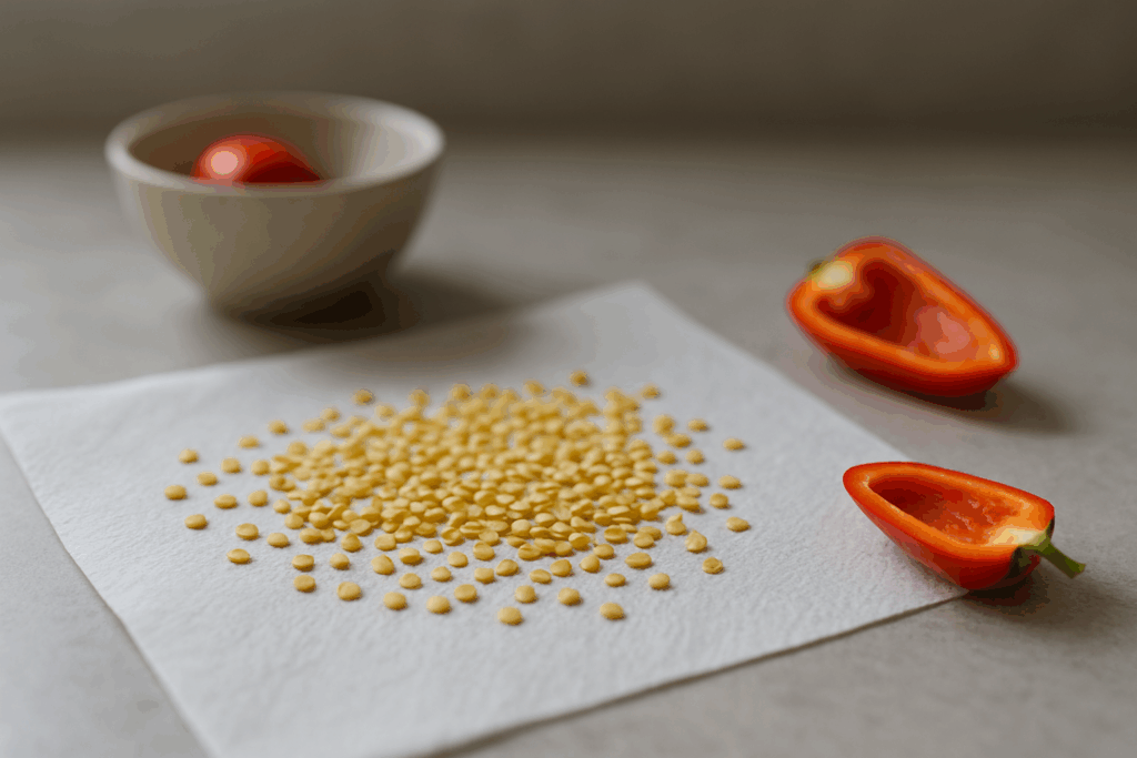 Dünn ausgebreitete Chilisamen trocknen auf Küchenpapier bei Tageslicht, ohne Hände