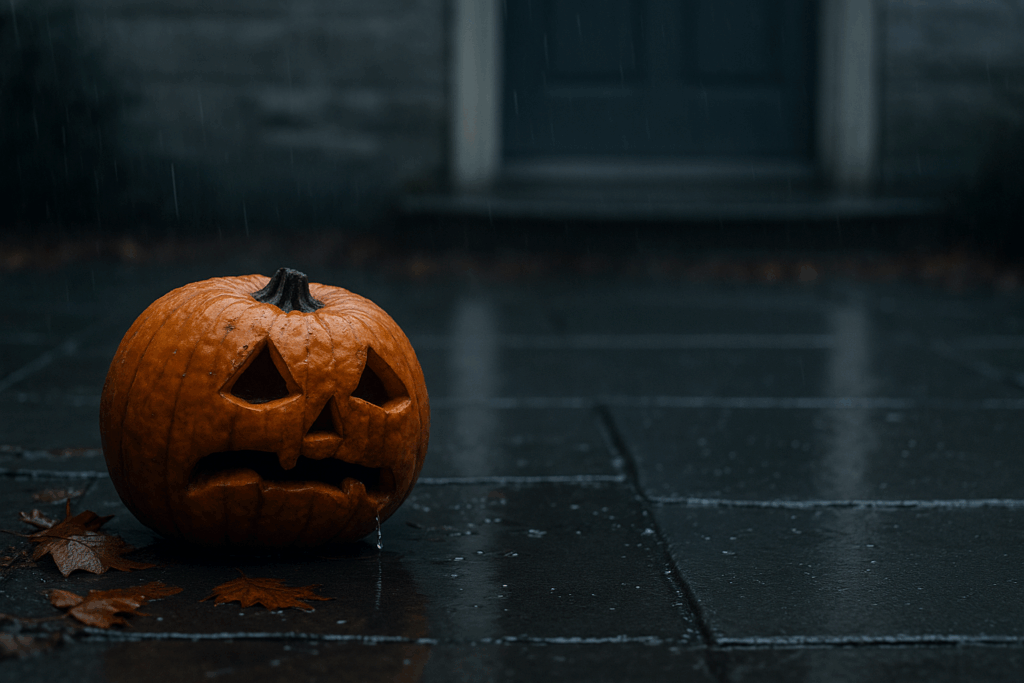 Aufgeweichter geschnitzter Kürbis liegt im Regen auf nassen Steinfliesen vor einem Hauseingang, umgeben von Pfützen und Laub - Halloween