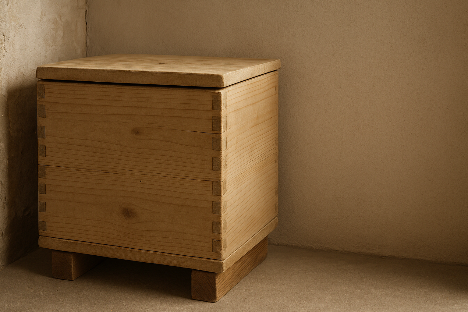 Geschlossene Dunkelbox auf Holzklotz in kühler Nische, Deckel fast bündig - Kartoffeln lagern: DIY-Dunkelbox