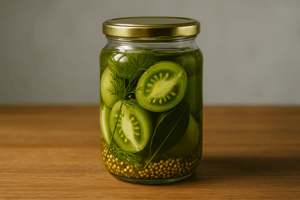 Glas mit eingelegten grünen Tomaten in klarem Essigsud mit Dill und Senfsaat