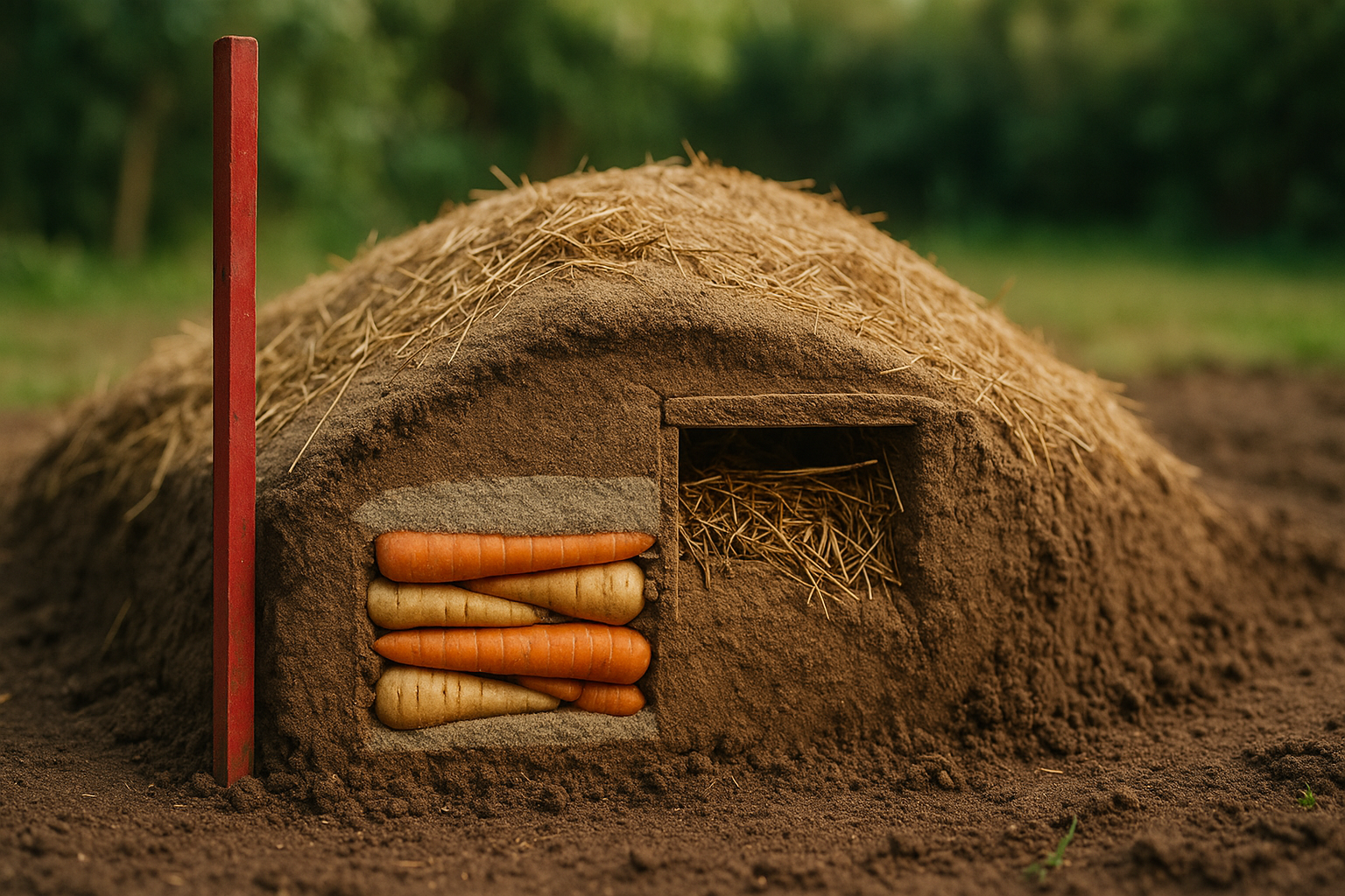 Entnahmeöffnung der Erdmiete mit Markerstab und sichtbaren Sand-Zwischenlagen - Schichten bauen