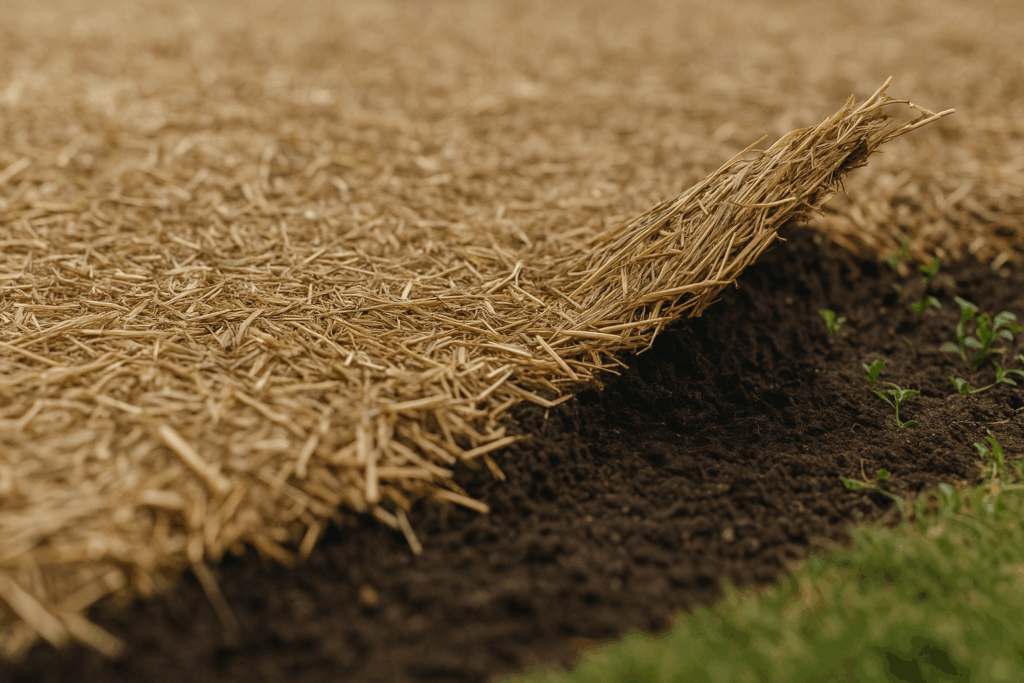 Feuchte Erde unter Strohmulch mit geringer Beikrautdichte am Beetrand