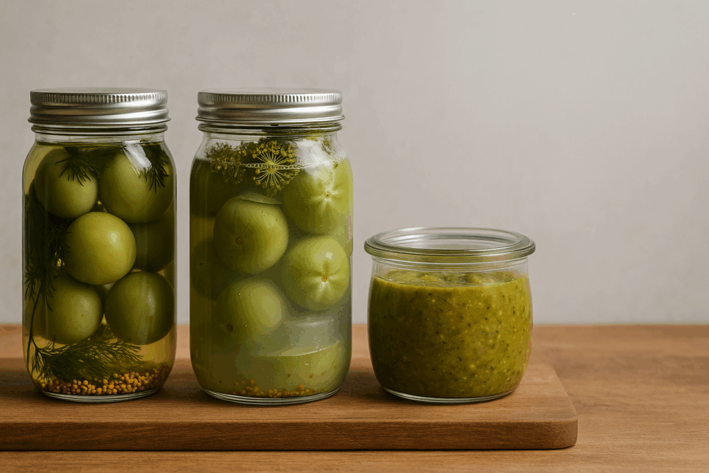 Fermentglas mit grünen Tomaten unter milchiger Lake, Gasblasen steigen auf