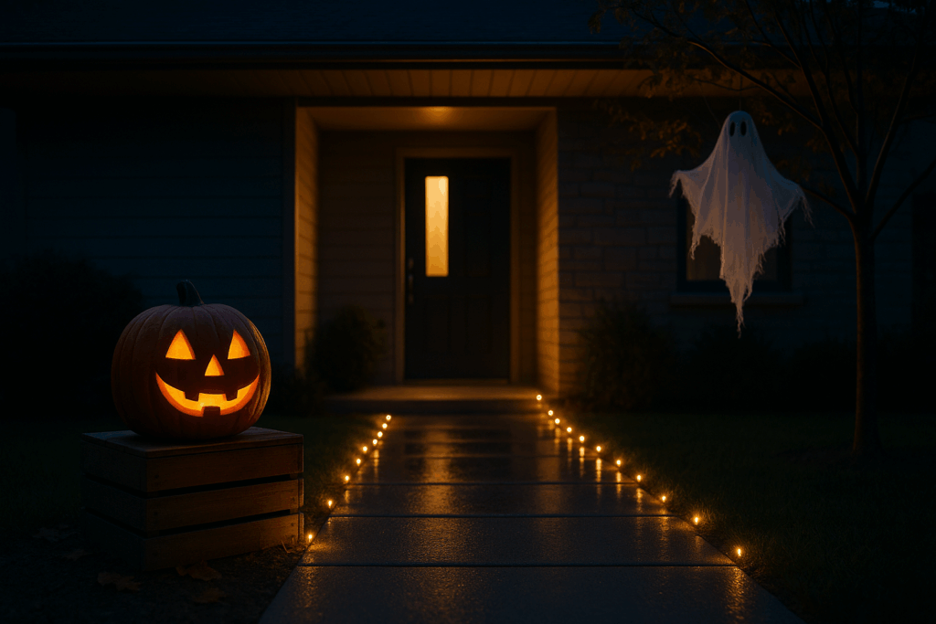 Warm beleuchteter Hauseingang bei Dämmerung, freier Weg mit LED-Markierung, Kürbis trocken unter dem Vordach