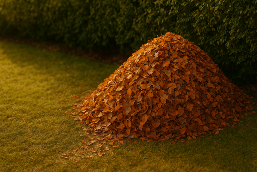 Fertiges Igelquartier aus Laub in geschützter Gartenecke unter Hecke, etwa einen Meter hoch