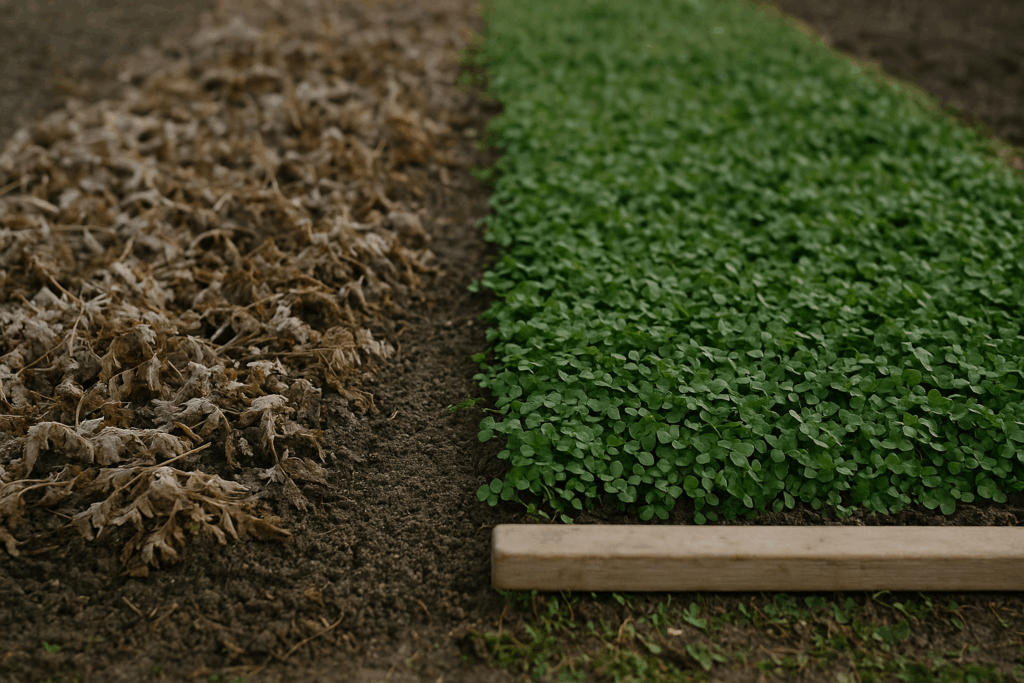 Links Phacelia-Mulch, rechts kurz gehaltener Klee-Teppich im Spätherbst